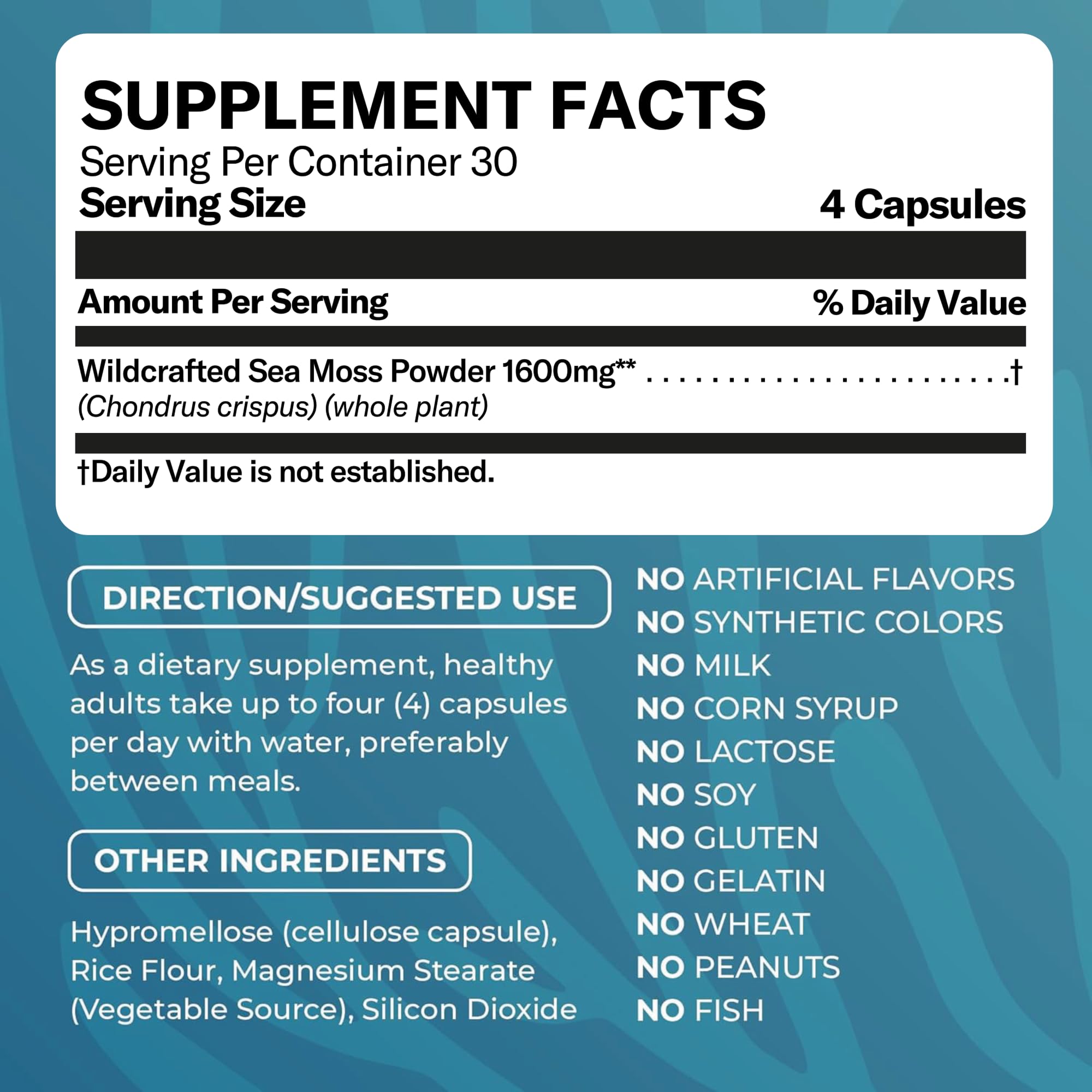 TrueSeaMoss capsules serving size display for easy daily dosing.