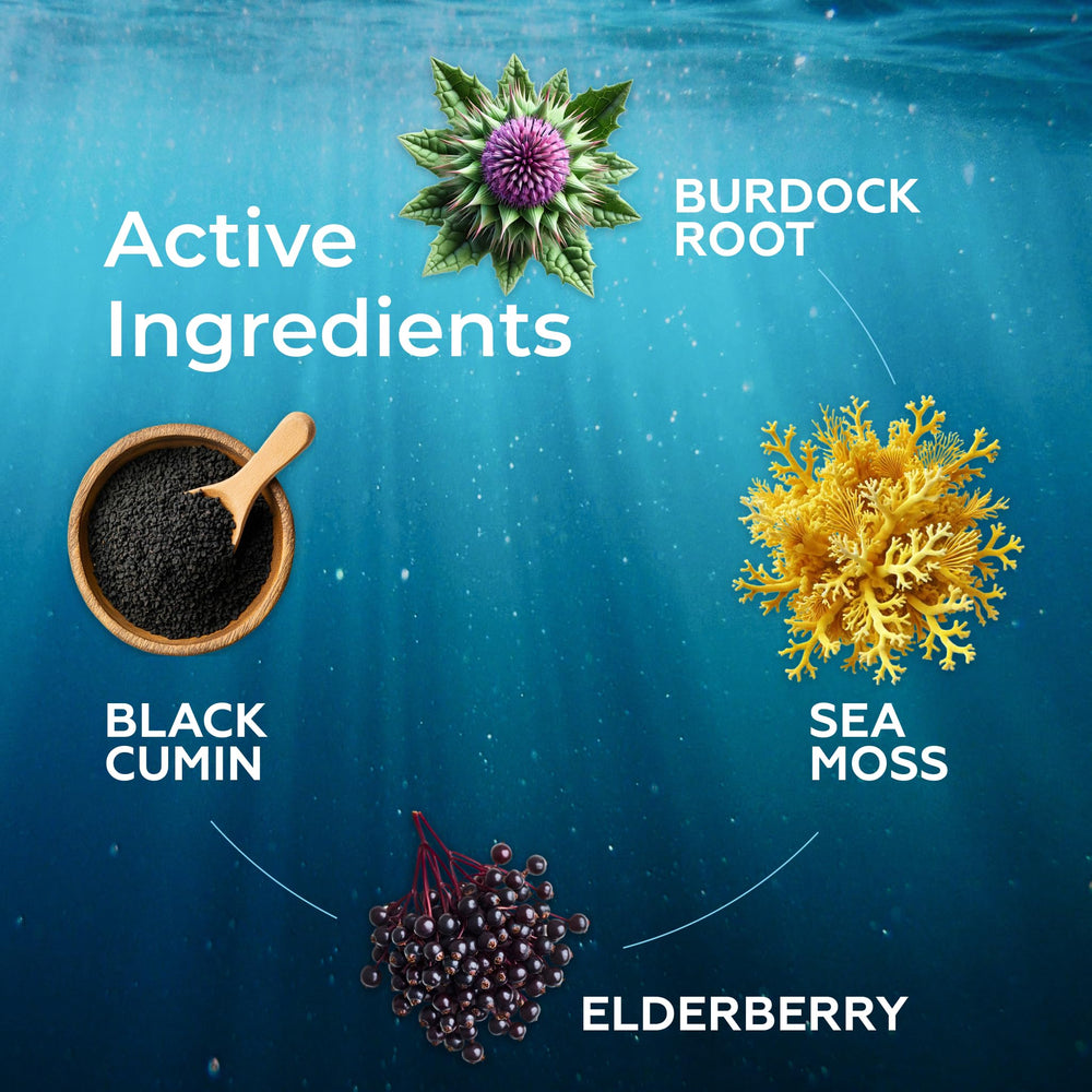 TrueSeaMoss liquid drops mixing into tea for a smooth blend.