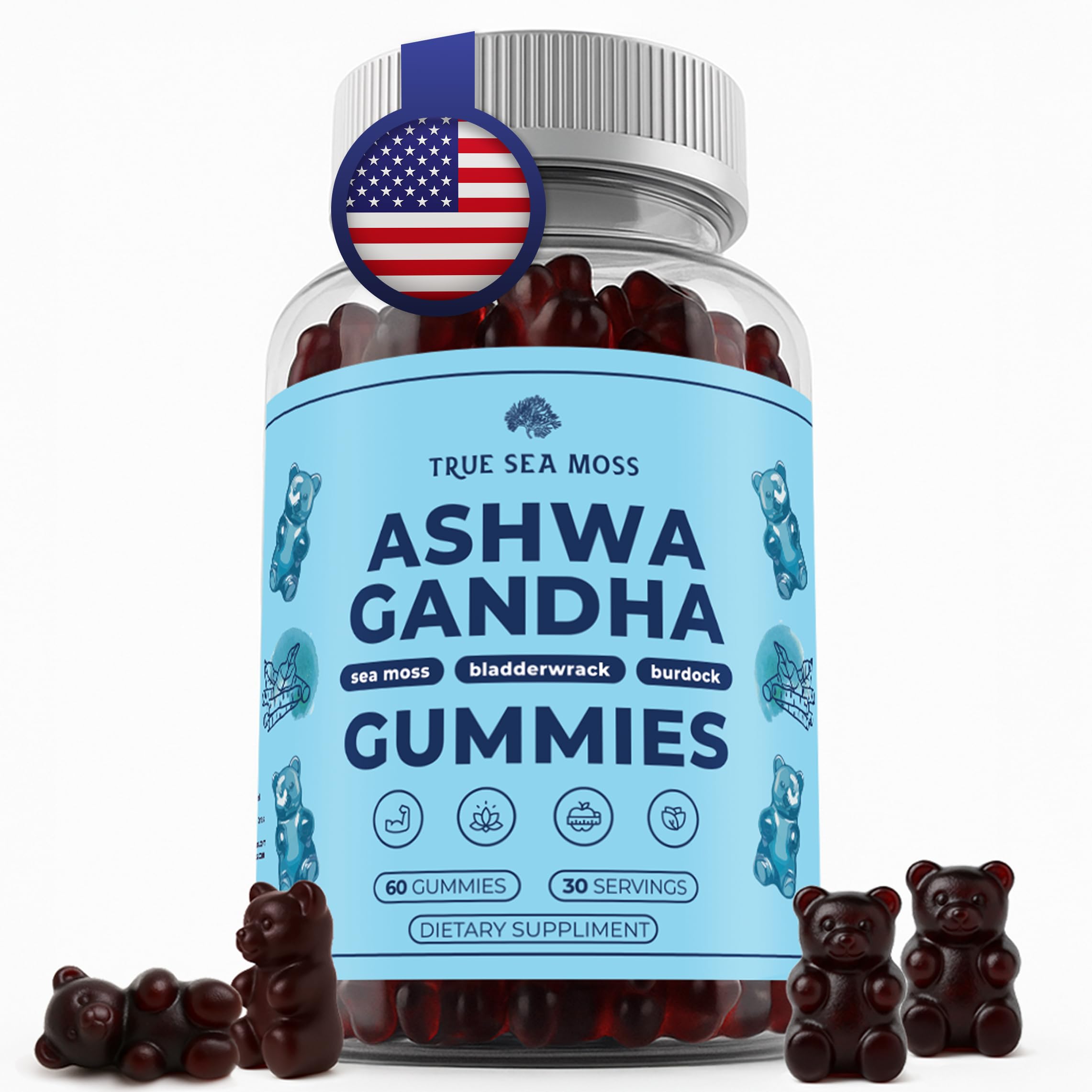 TrueSeaMoss gummies bottle closeup with ashwagandha for daily wellness