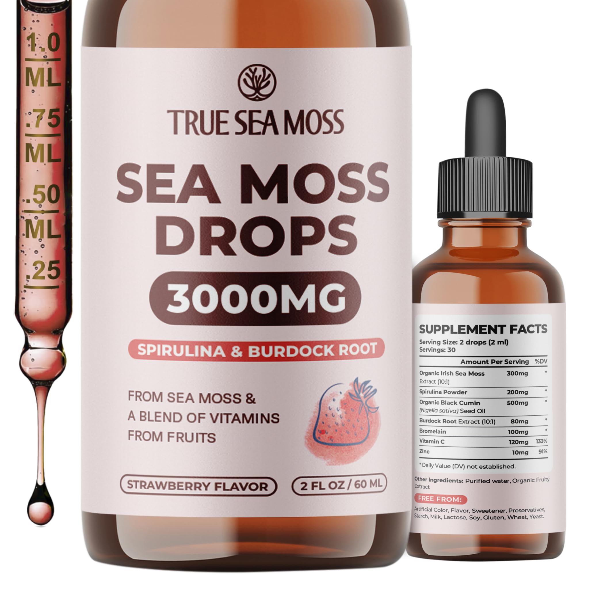 TrueSeaMoss Irish Sea Moss liquid drops bottle, convenient on-the-go use.