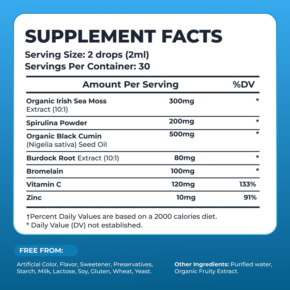 TrueSeaMoss spirulina burdock root black cumin complex highlights the blend.