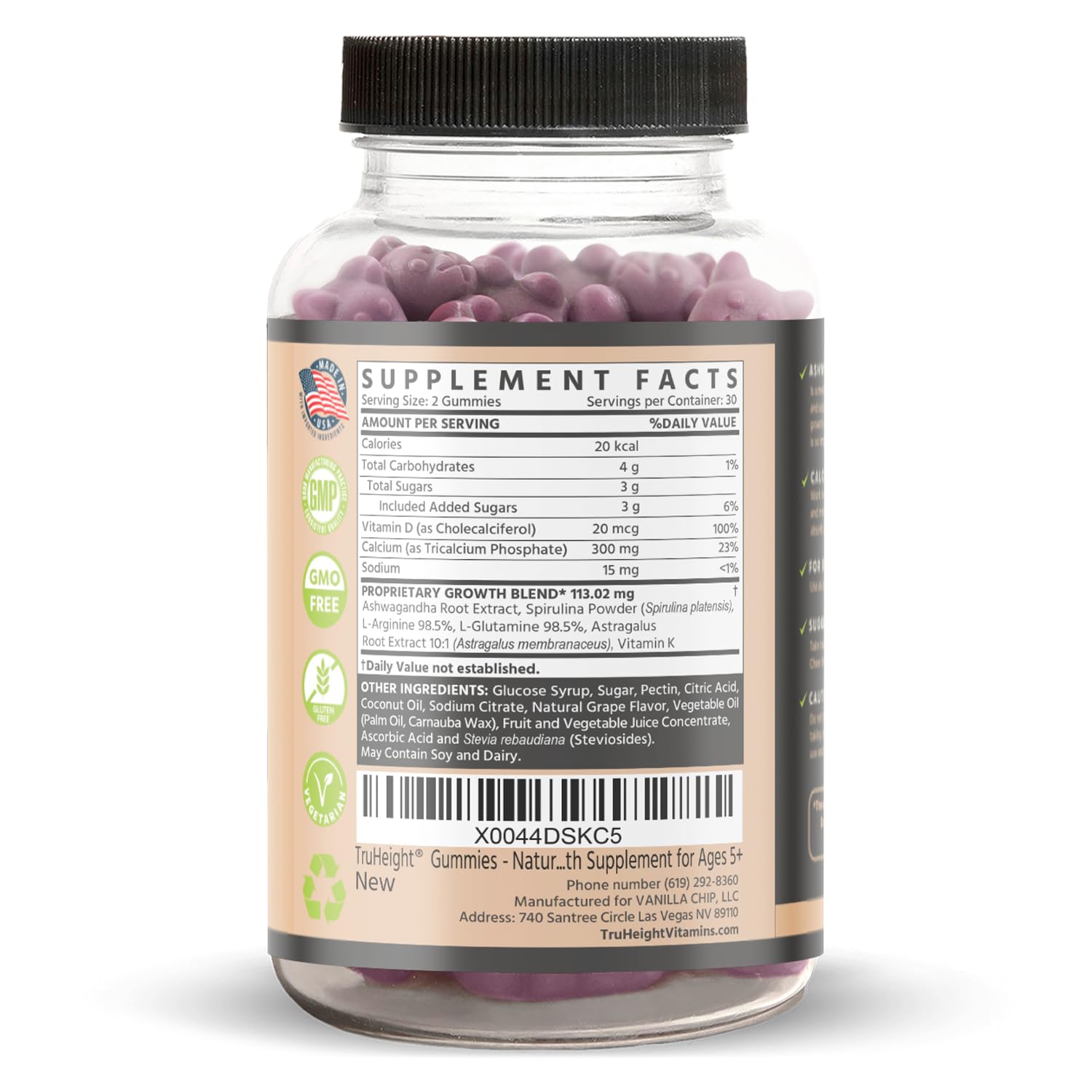TruHeight packaging highlight grape flavor and easy dosing for kids.