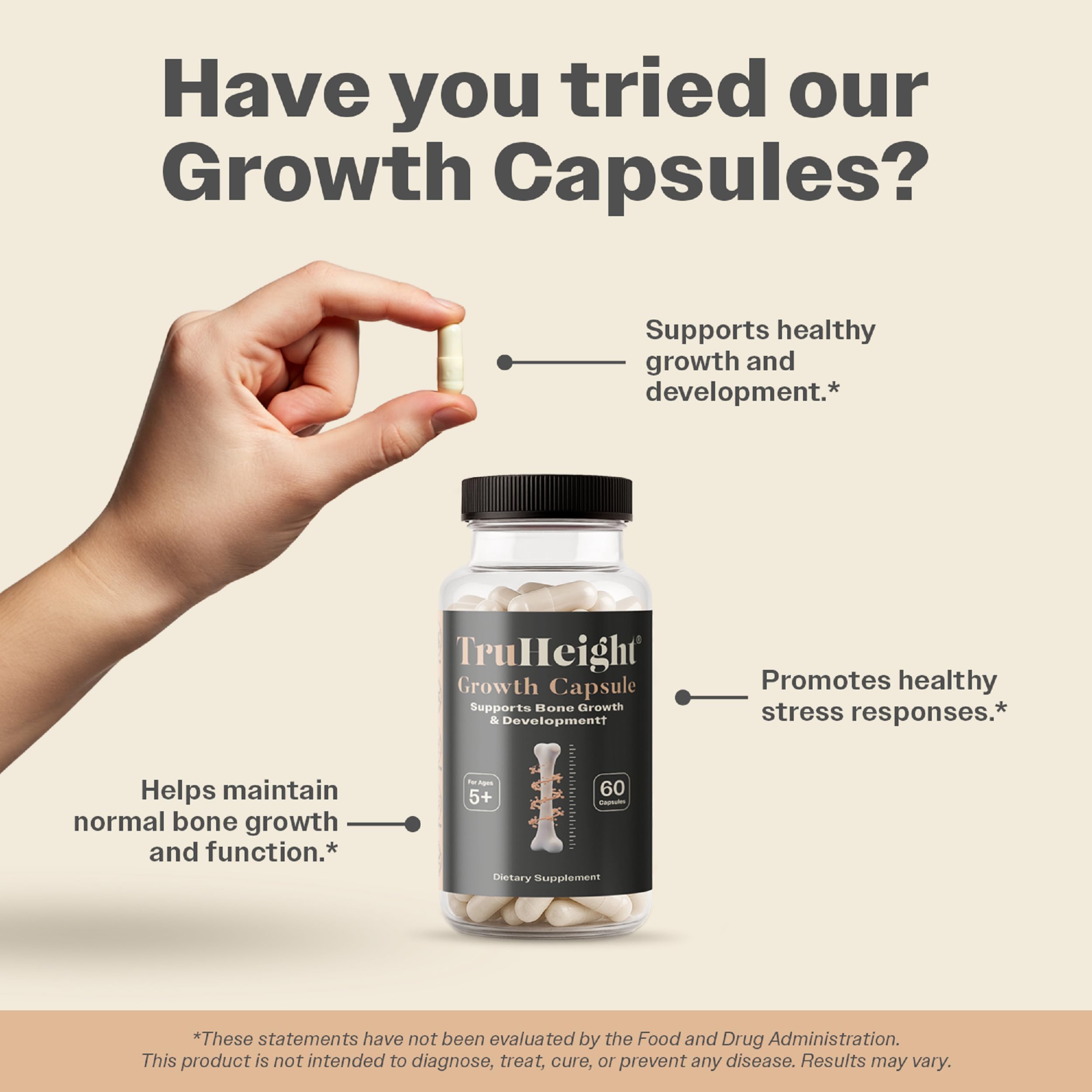 TruHeight calcium with Vitamin D3 and K2 label highlighting absorption benefits.
