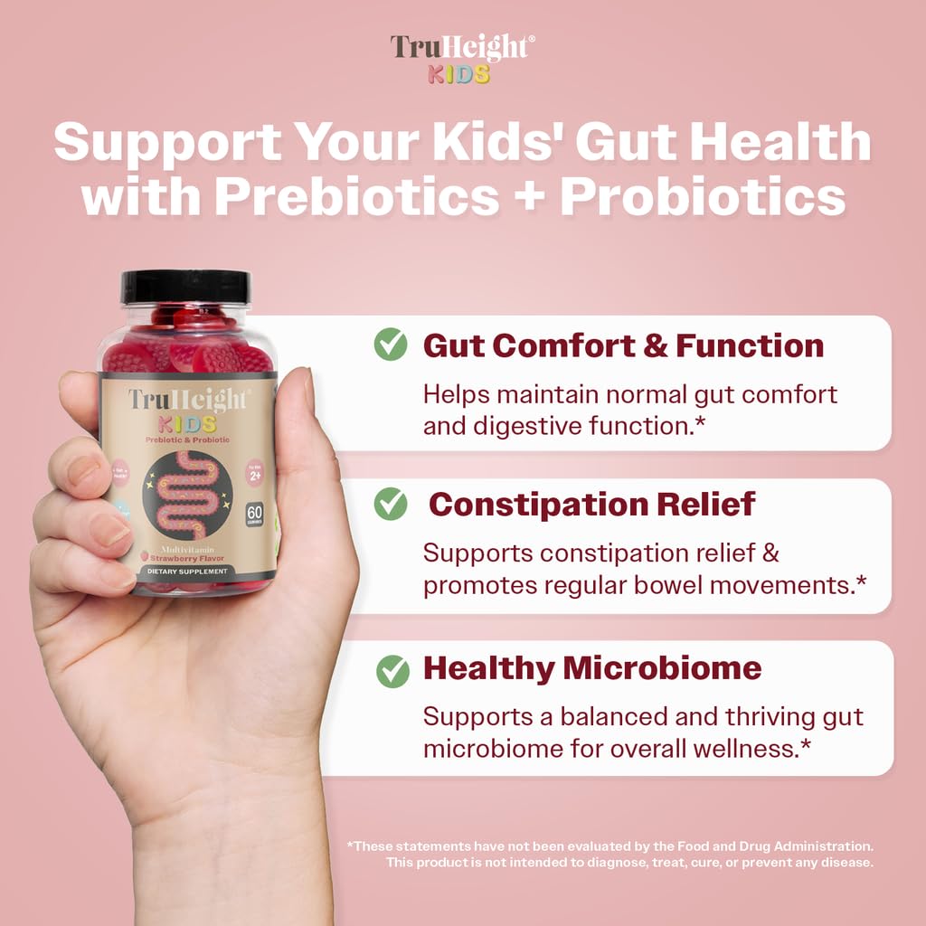 TruHeight Kids digestive enzyme gummies strawberry flavor aid smooth digestion after meals.