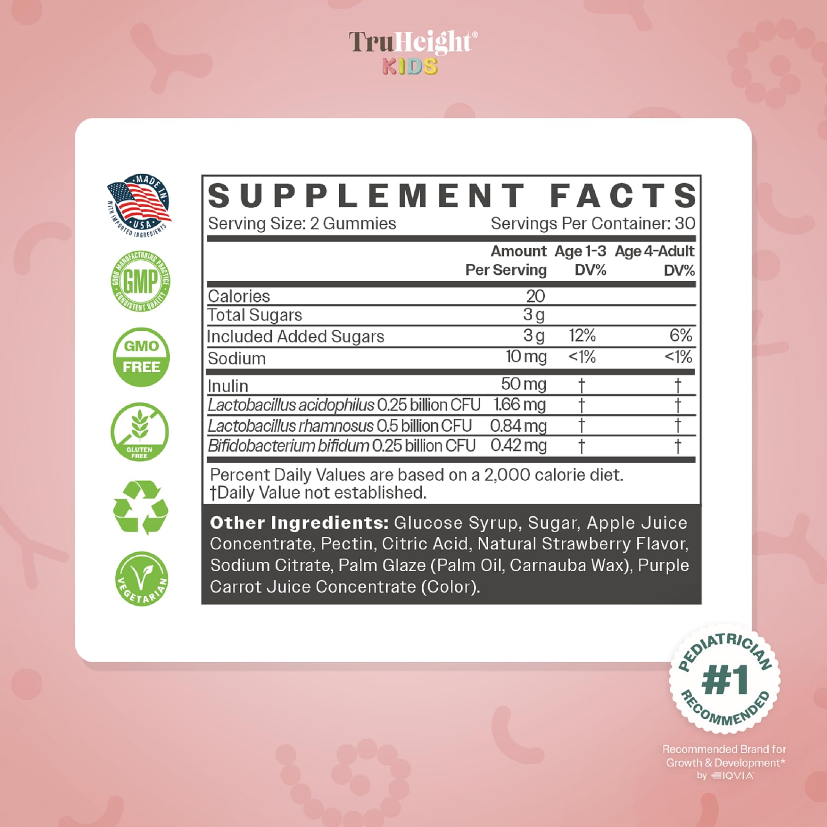 TruHeight Kids natural ingredients inulin and probiotics in a kid-friendly format.