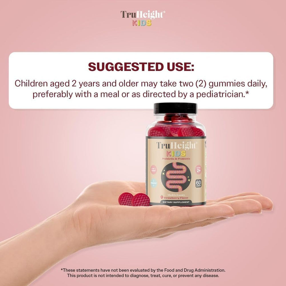 TruHeight Kids tasty strawberry gummies for an enjoyable daily gut health habit.