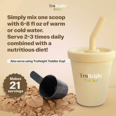TruHeight chocolate nutrition label highlights 16 vitamins and minerals.
