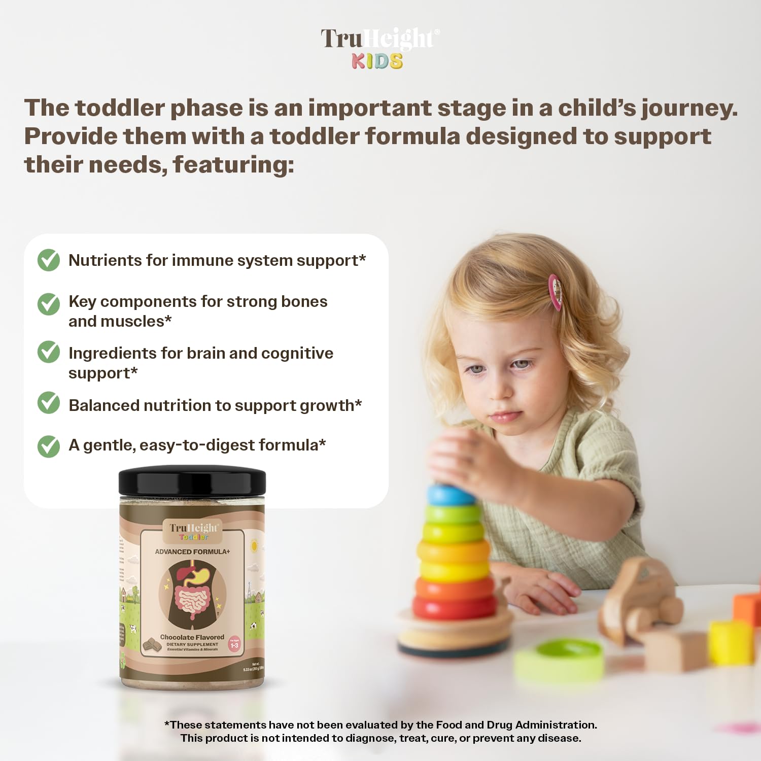 TruHeight chocolate formula scoop for easy mixing into milk.