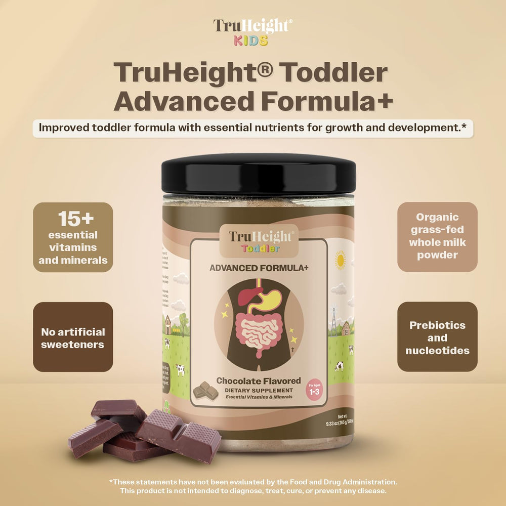 TruHeight Toddler Advanced Formula+ chocolate tub packaging showcases wholesome nutrition.
