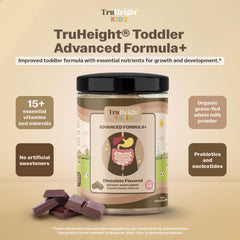 TruHeight Toddler Advanced Formula+ chocolate tub packaging showcases wholesome nutrition.