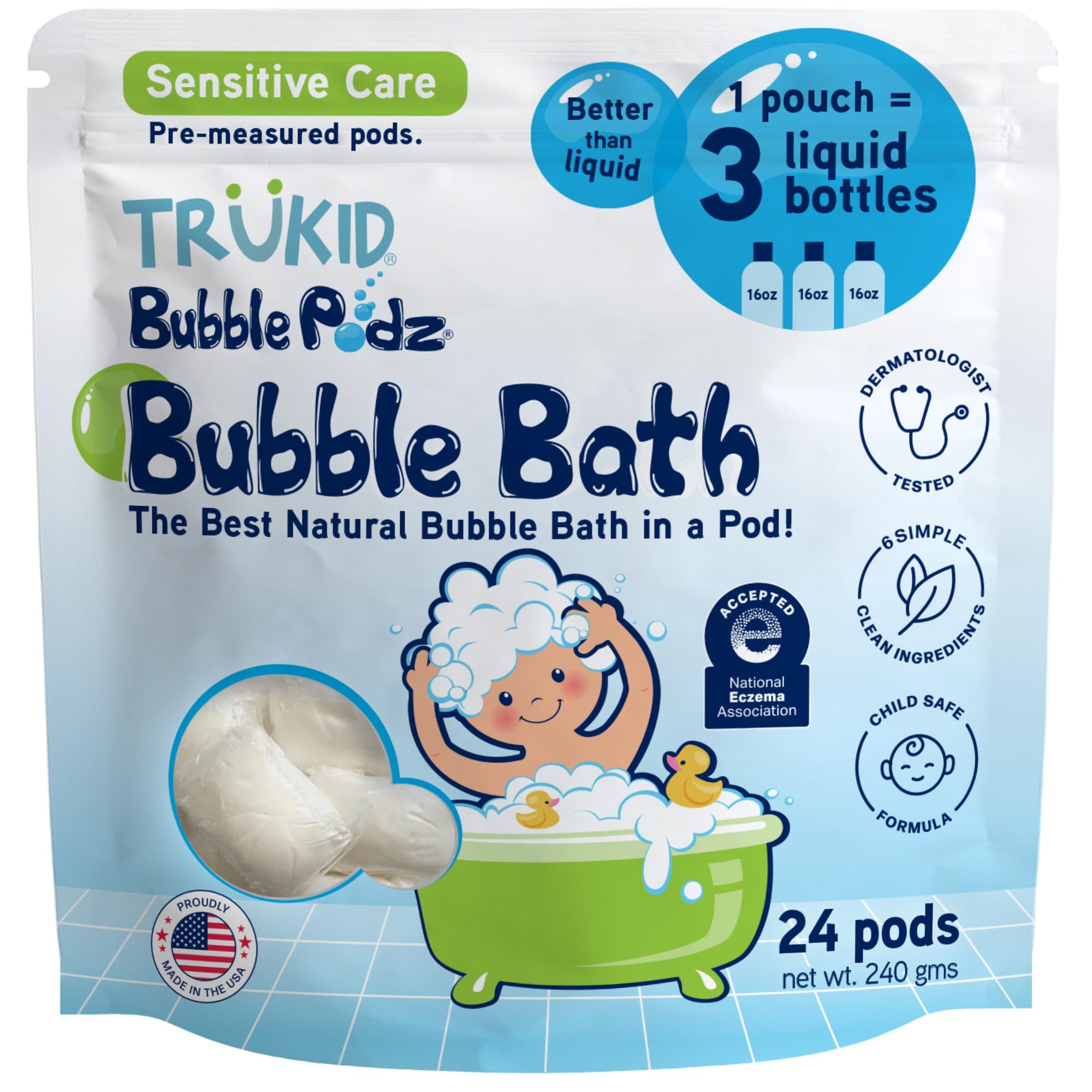 TruKid Bubble Podz bubbles in tub for gentle bath time.