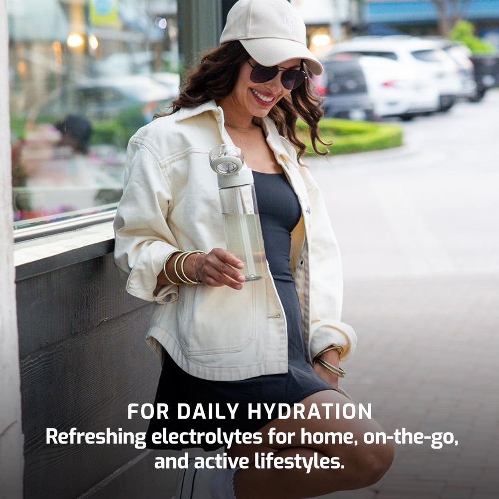 TRULABS Hydrate Citrus Splash on-the-go bottle in a gym bag for quick hydration.