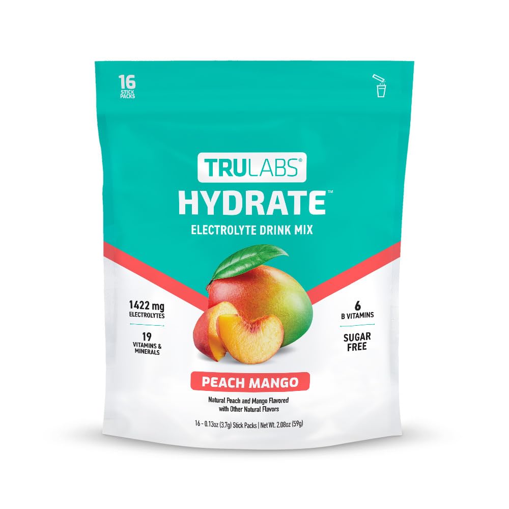 TRULABS Hydrate Peach Mango stick packs for convenient, sugar-free hydration on the go.
