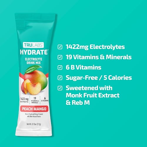 Pouring TRULABS Hydrate Peach Mango into water for quick electrolyte refreshment.