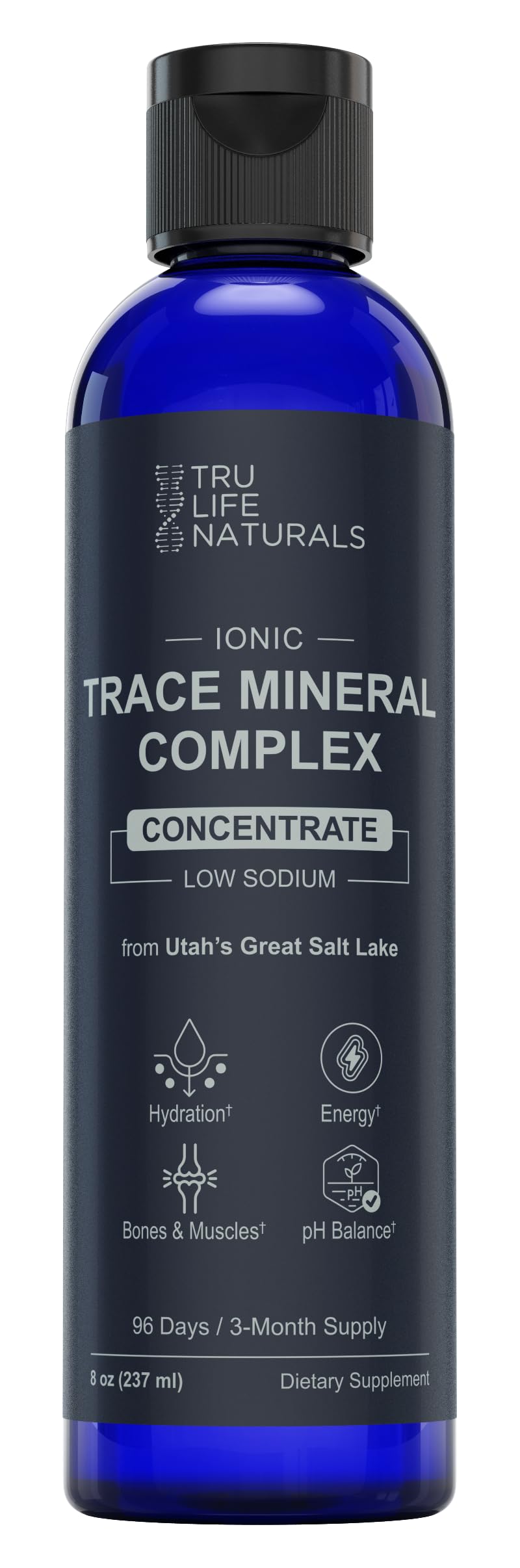 TRULIFE NATURALS Trace Mineral Complex bottle with label highlighting minerals and hydration benefits