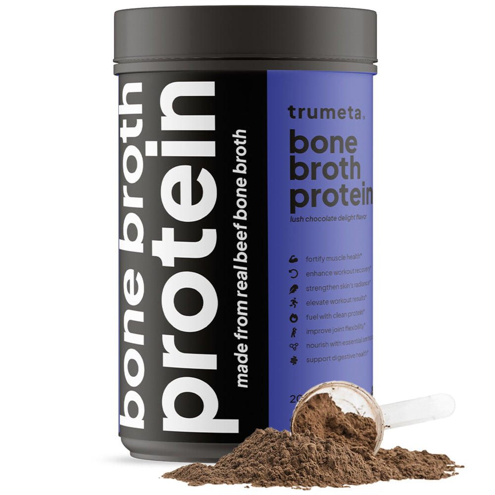 TRUMETA beef bone broth powder tub showcases premium purity and a rich flavor promise.
