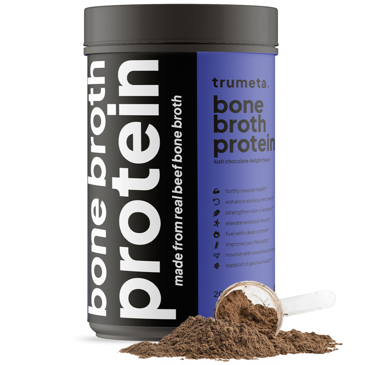 TRUMETA beef bone broth powder tub showcases premium purity and a rich flavor promise.