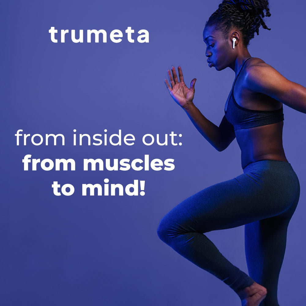 TRUMETA bone broth powder shaker image emphasizes easy measurement with a scoop.