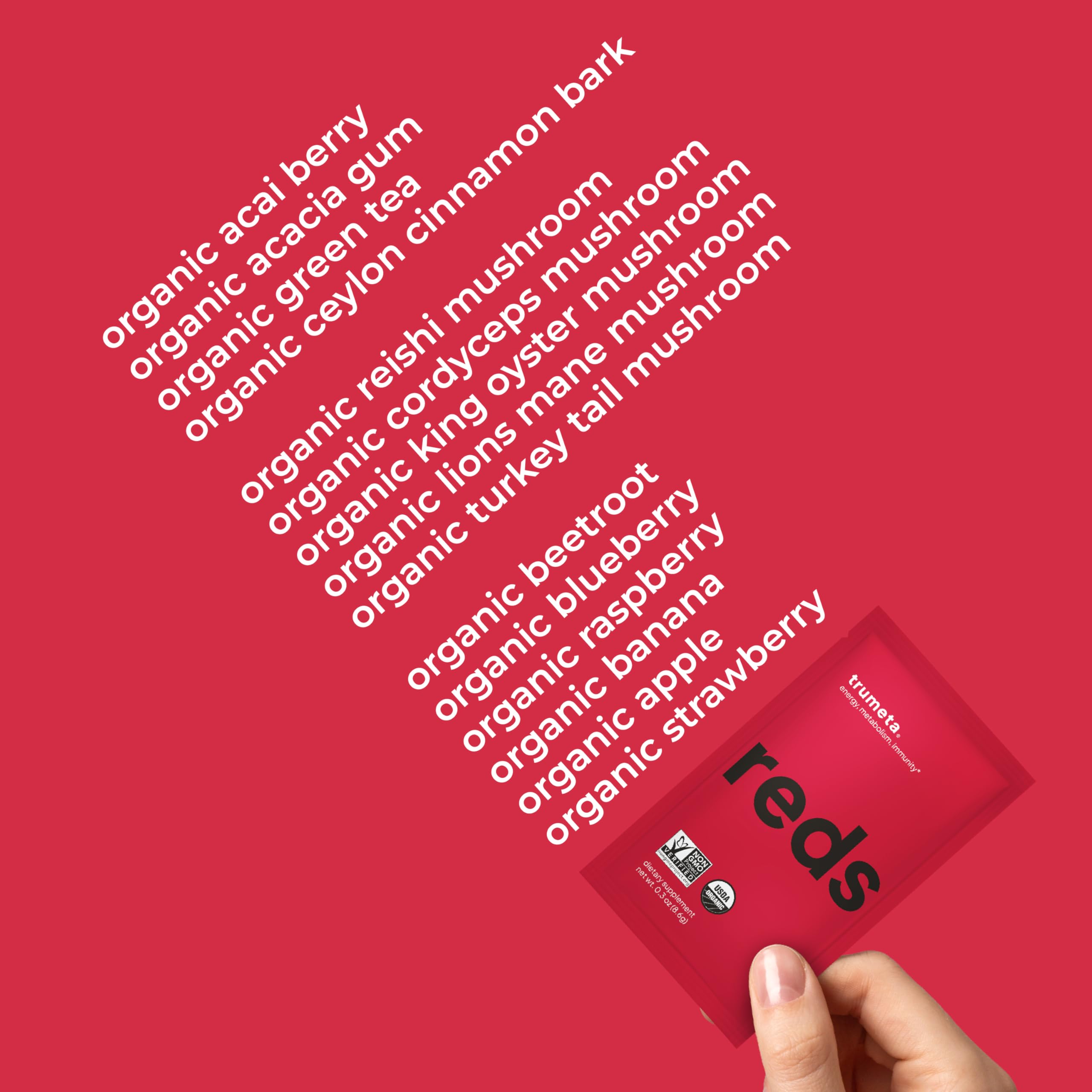 TRUMETA Reds powder berry blend close up, highlighting antioxidant rich ingredients for daily wellness.