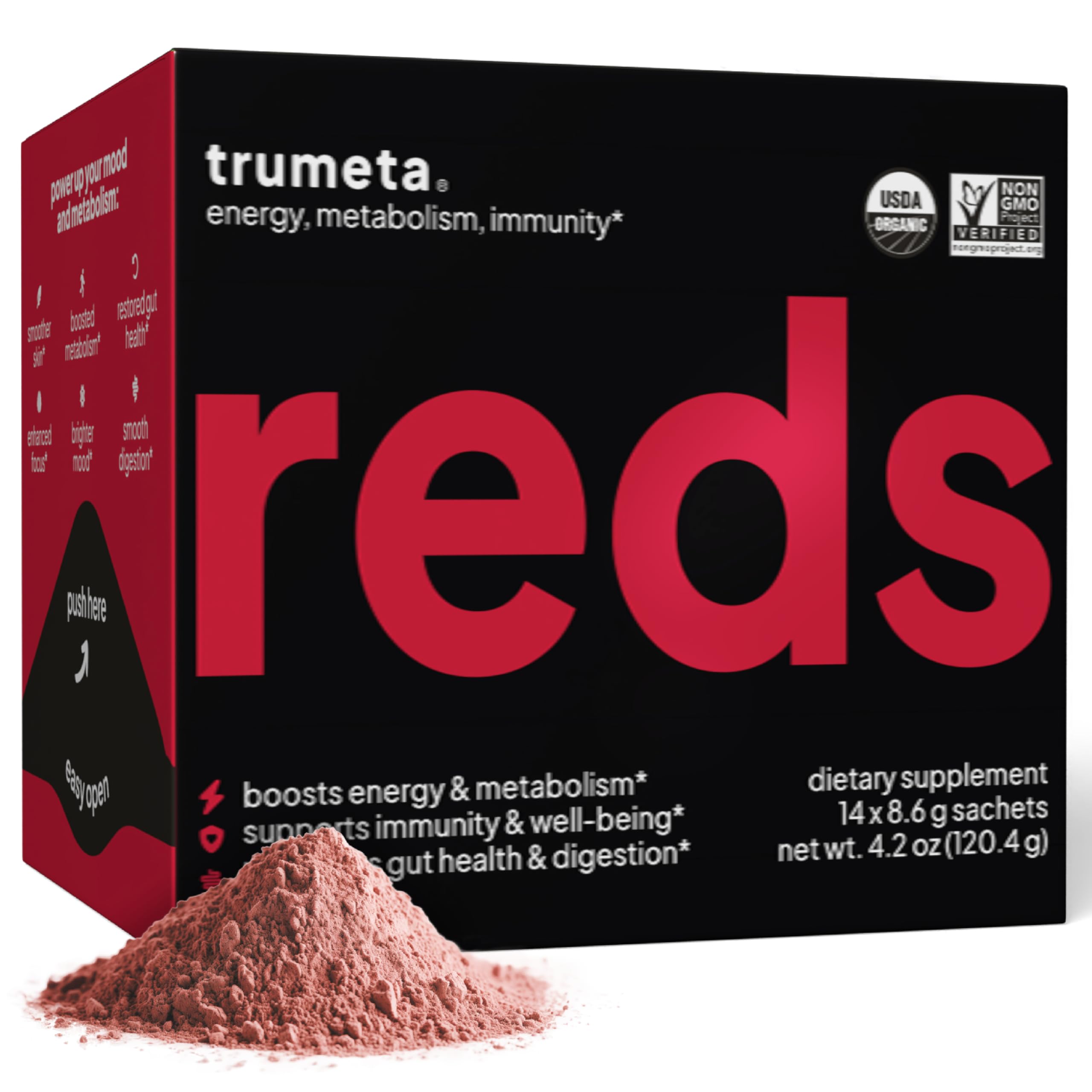 TRUMETA Reds powder packaging on table showing USDA organic certification and convenience for on the go.