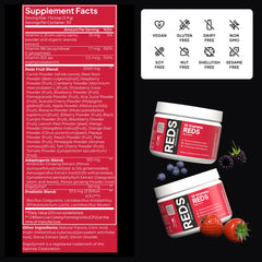 TRUMETA Reds Powder being poured into a glass for quick nutrition.