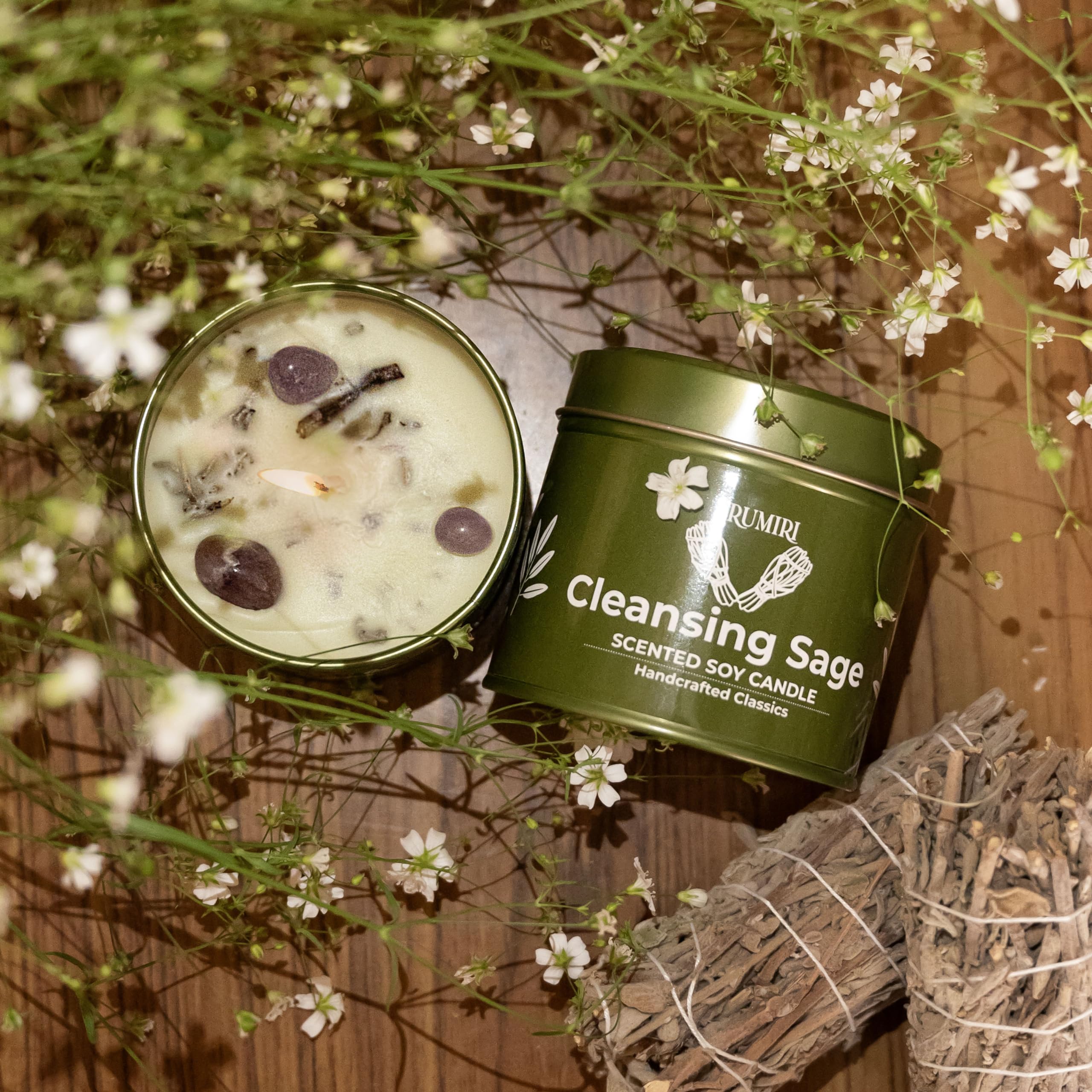 TRUMIRI Sage Candle aromatherapy note highlights long-lasting fragrance to enhance calm spaces.