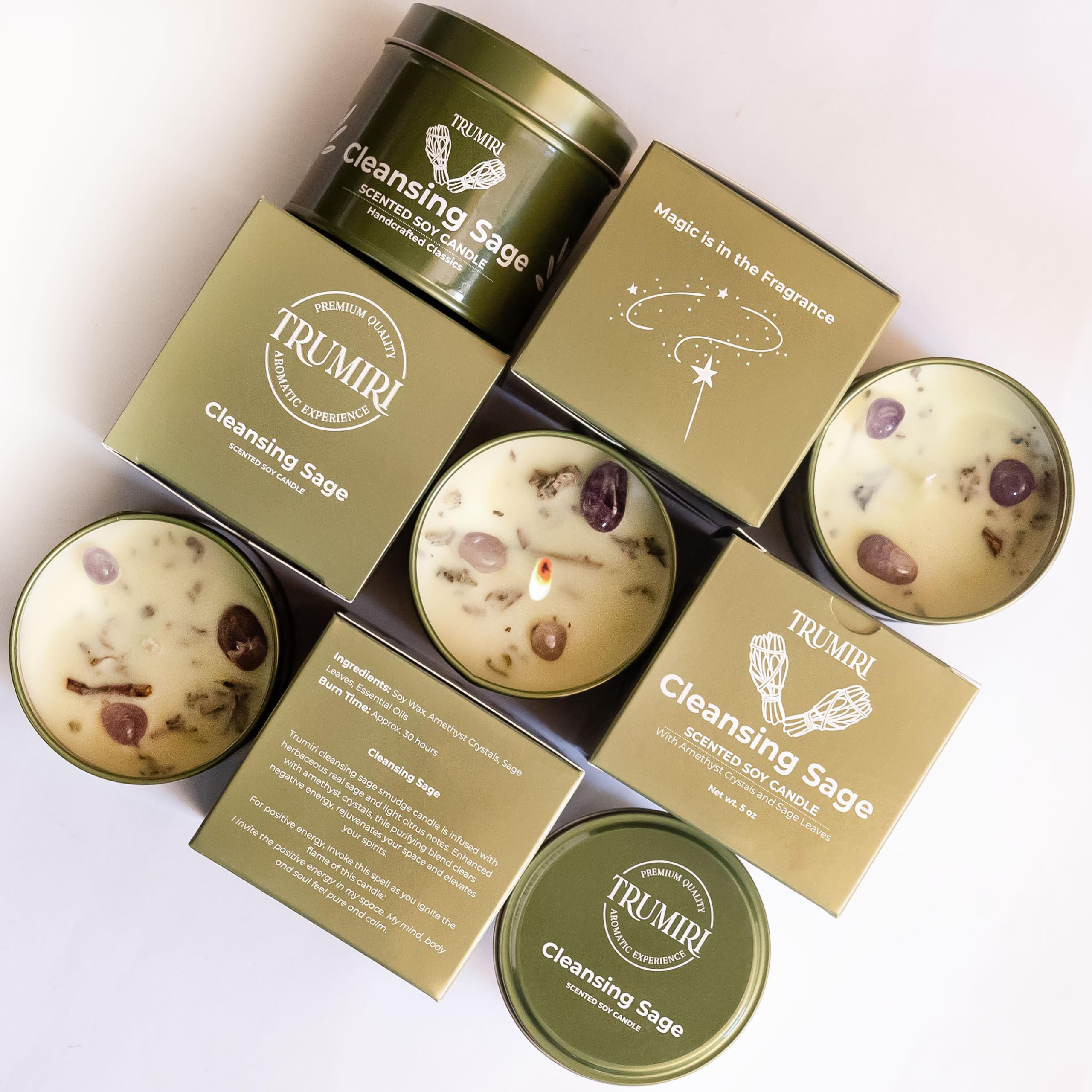 TRUMIRI Sage Candle label ingredients emphasizes natural, clean burning soy wax.