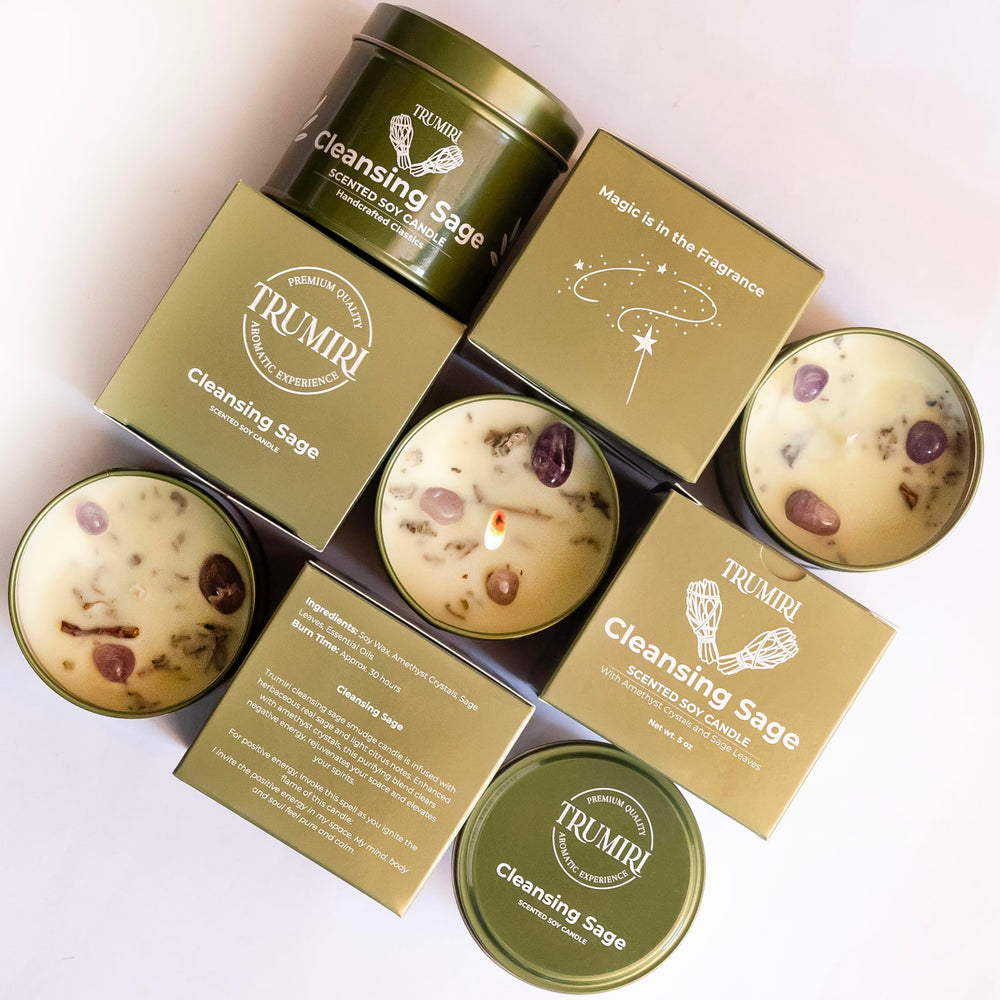 TRUMIRI Sage Candle label ingredients emphasizes natural, clean burning soy wax.