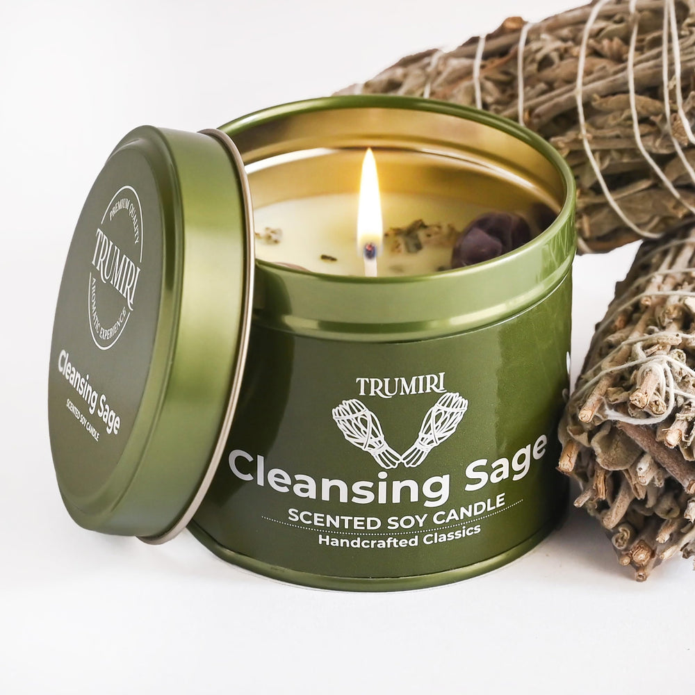TRUMIRI Sage Candle lit ambiance conveys warm, aromatic mood ideal for meditation.