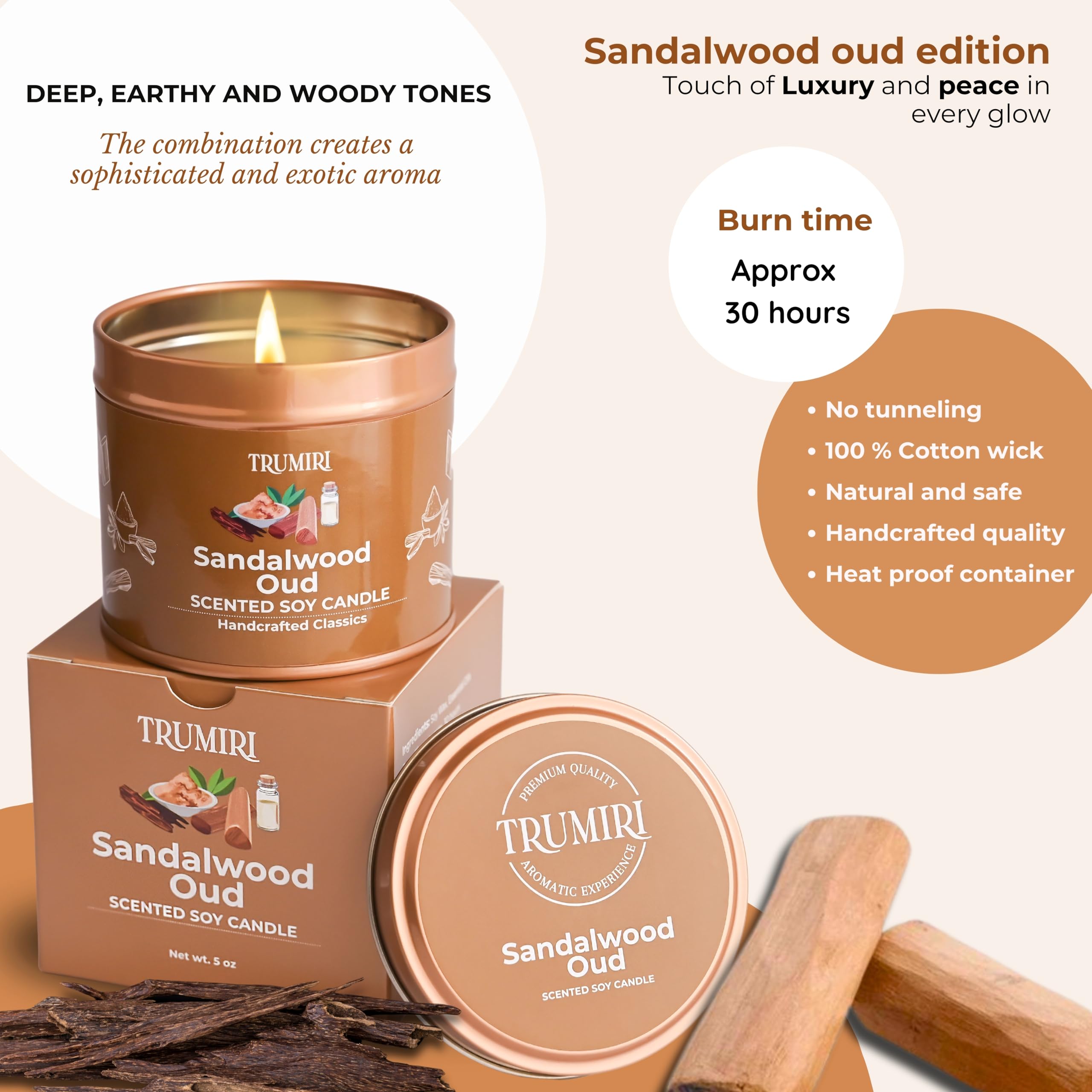 TRUMIRI Sandalwood Oud candle offers masculine scent ideal for living rooms.