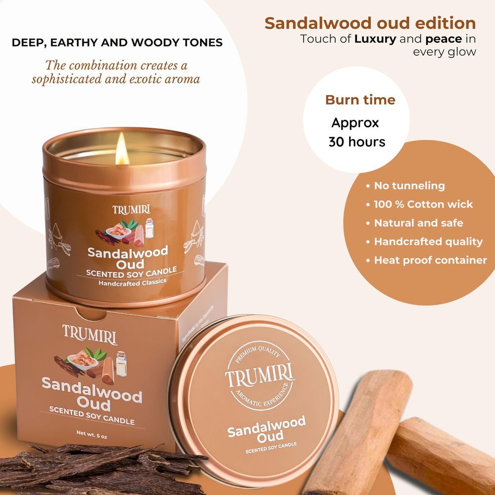 TRUMIRI Sandalwood Oud candle offers masculine scent ideal for living rooms.