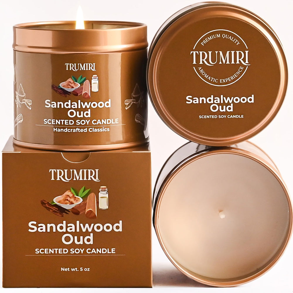 TRUMIRI Sandalwood Oud candle packaging showcases eco-friendly design for stylish home gifting.