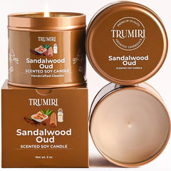 TRUMIRI Sandalwood Oud candle packaging showcases eco-friendly design for stylish home gifting.