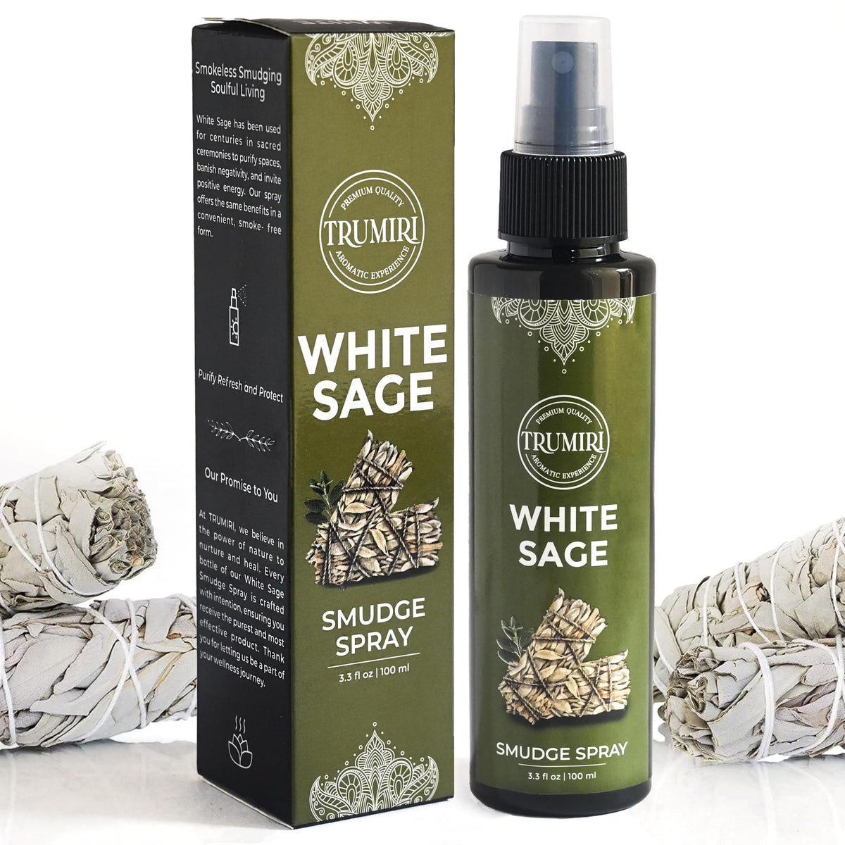 TRUMIRI White Sage Spray bottle closeup for cleansing spaces and calming aroma.