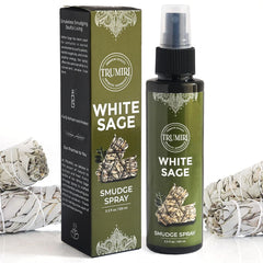 TRUMIRI White Sage Spray bottle closeup for cleansing spaces and calming aroma.