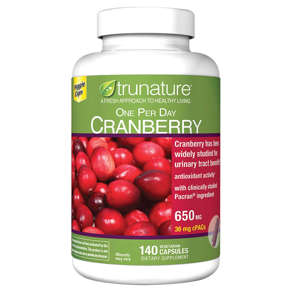 TruNature Cranberry 650 mg bottle showing a convenient daily capsule routine.