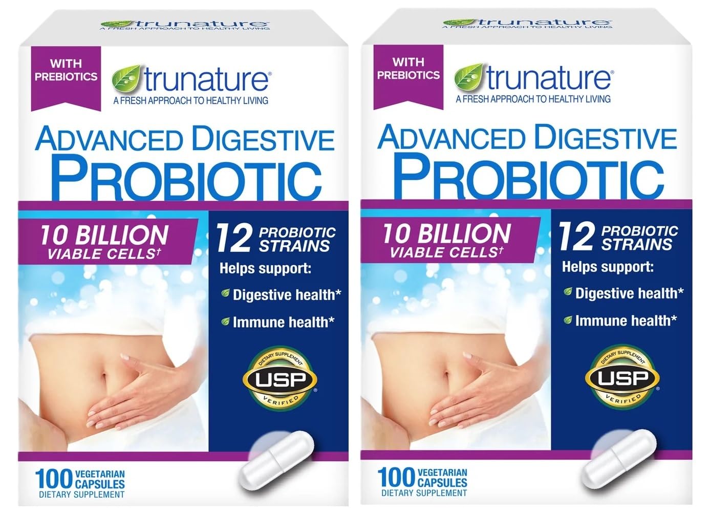 TruNature Digestive Probiotic Capsules bottle supports digestion and immune balance.