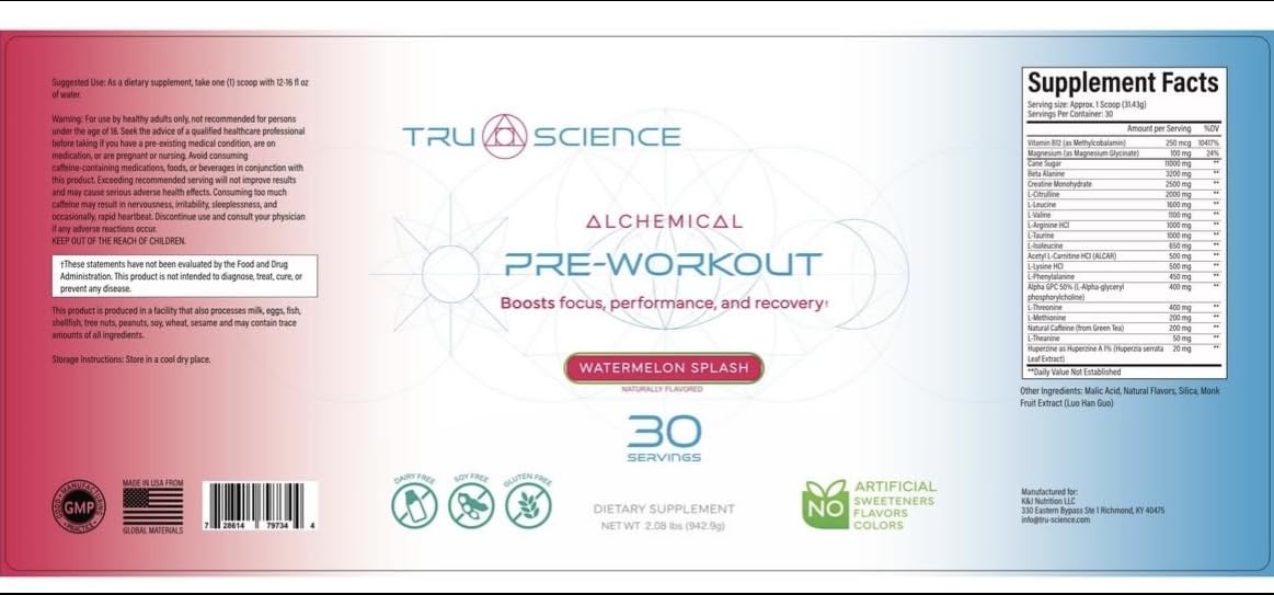 Tru Science Pre-Workout ingredients label closeup communicates a clean formula and active components.