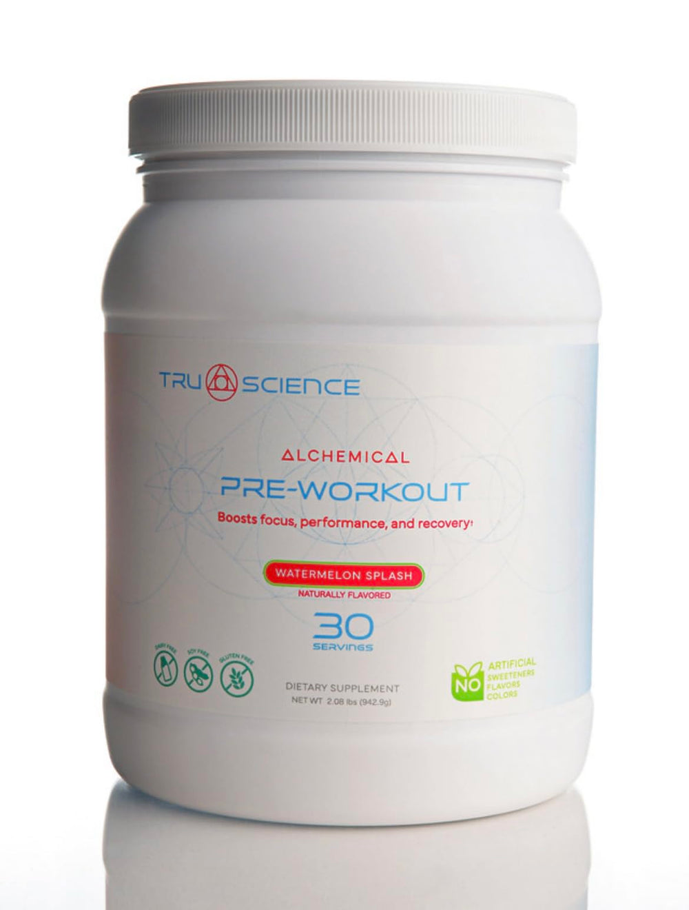 Tru Science Pre-Workout Watermelon Splash scoop dispenses energy for sustained workouts and quick focus.