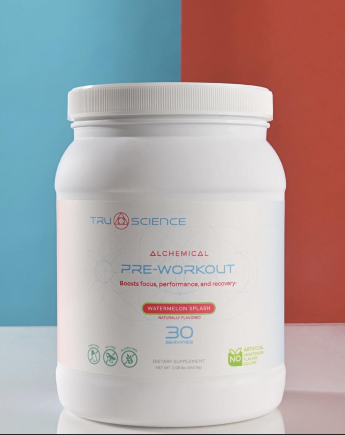 Tru Science Pre-Workout Watermelon Splash tub ready for a powerful gym session with sharp focus.