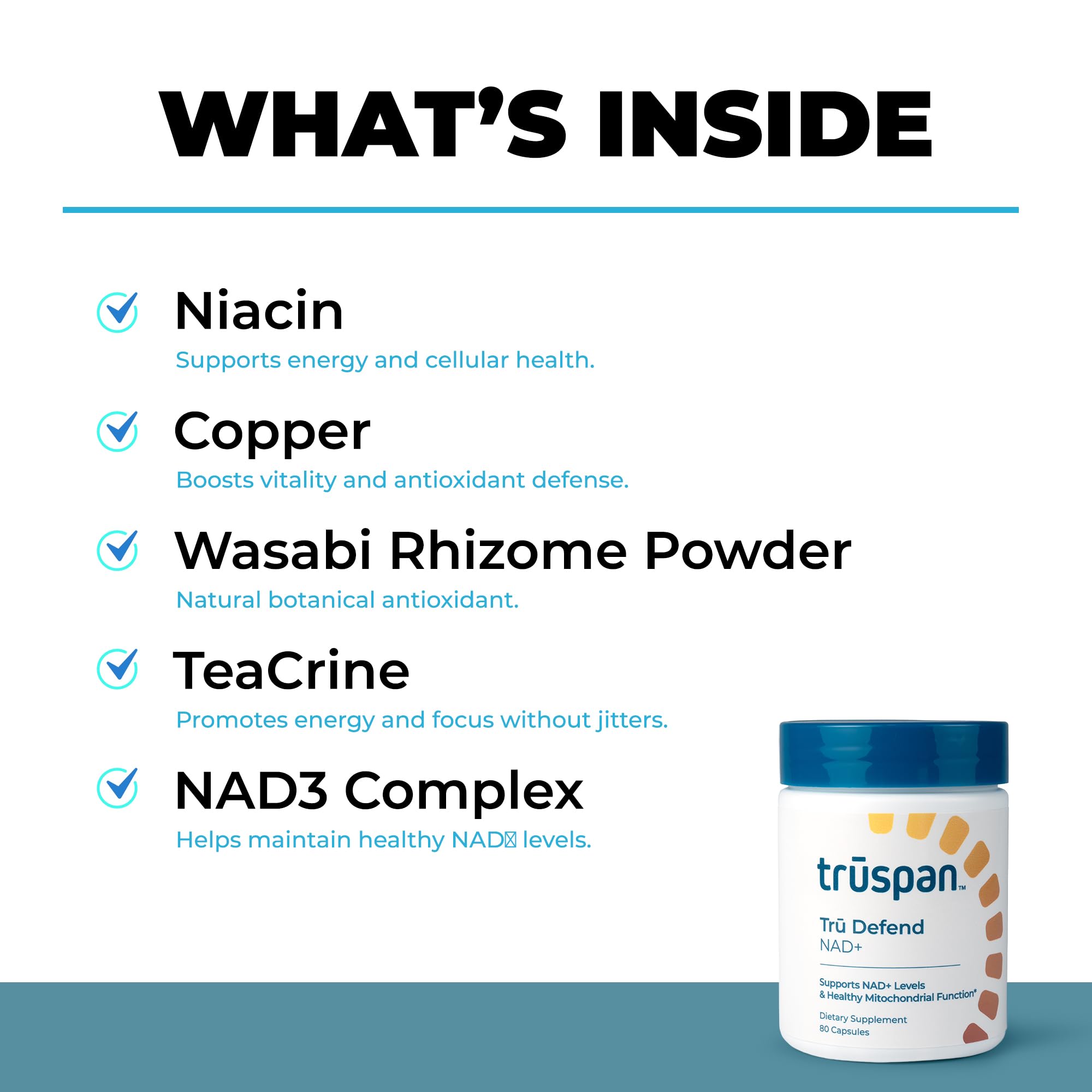 TRŪSPAN Tru Defend bottle label highlights ingredients and daily use guidance