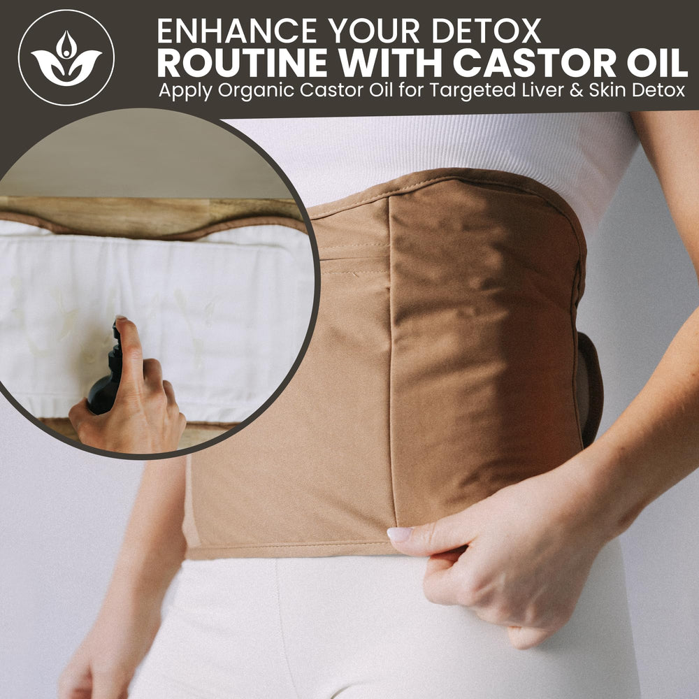 Trust Your Gut foot wrap supports even oil coverage during castor therapy for tired feet.