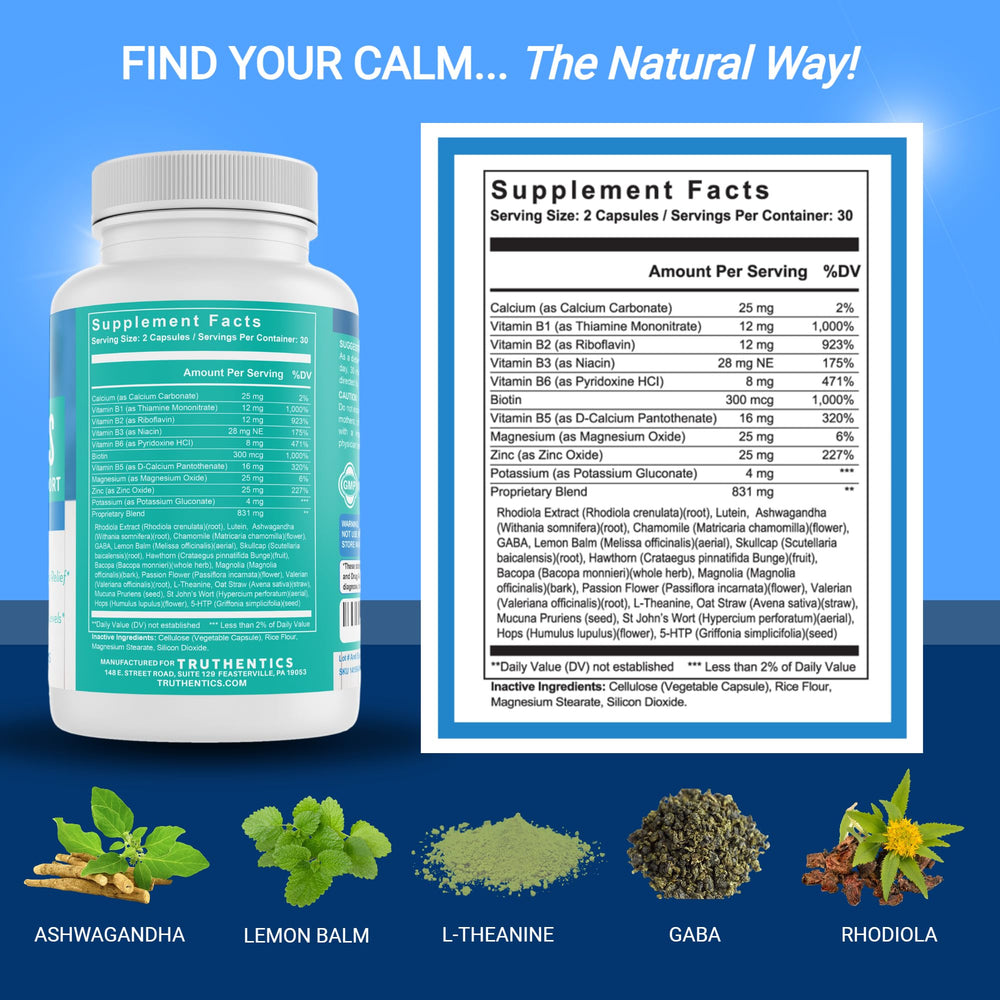 TRUTHENTICS Bye-Bye Stress label details show Ashwagandha and B complex for mood support