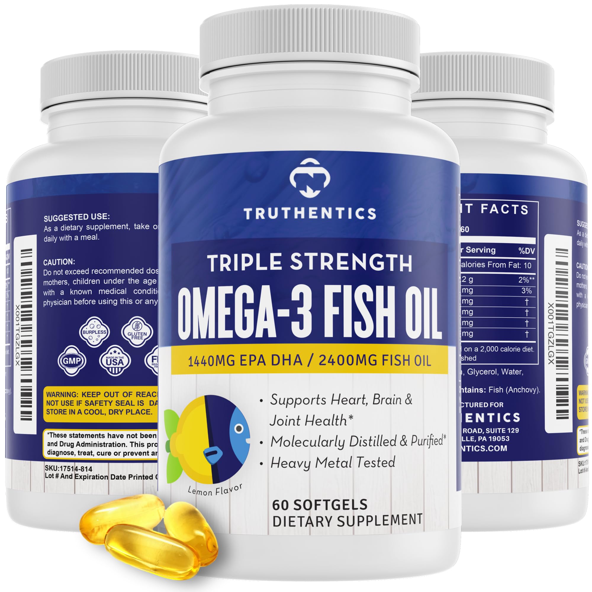 TRUTHENTICS Omega-3 lemon softgel bottle for daily wellness support.