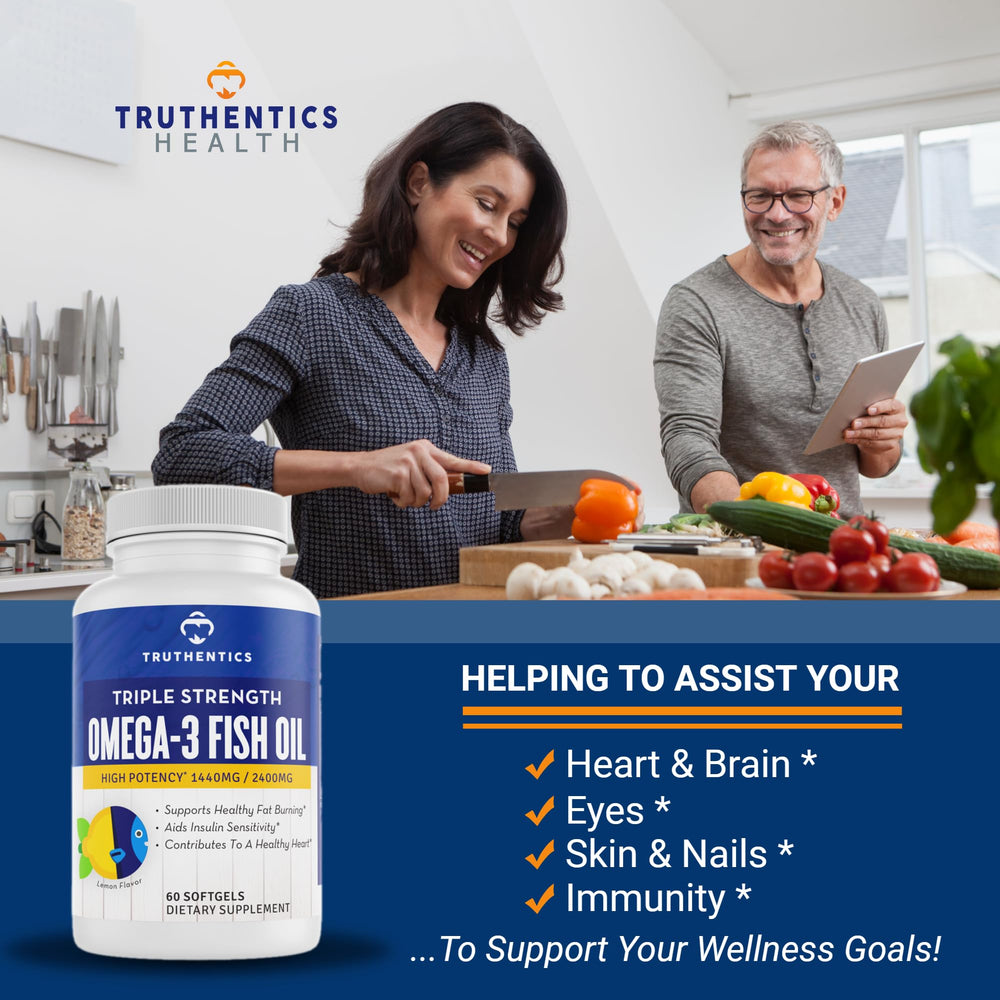 TRUTHENTICS Made in USA badge on omega-3 bottle.