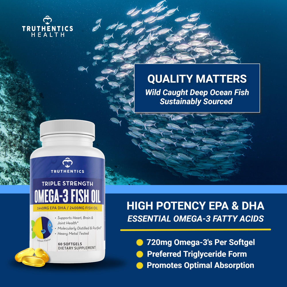 TRUTHENTICS Omega-3 molecularly distilled purity seal on bottle.