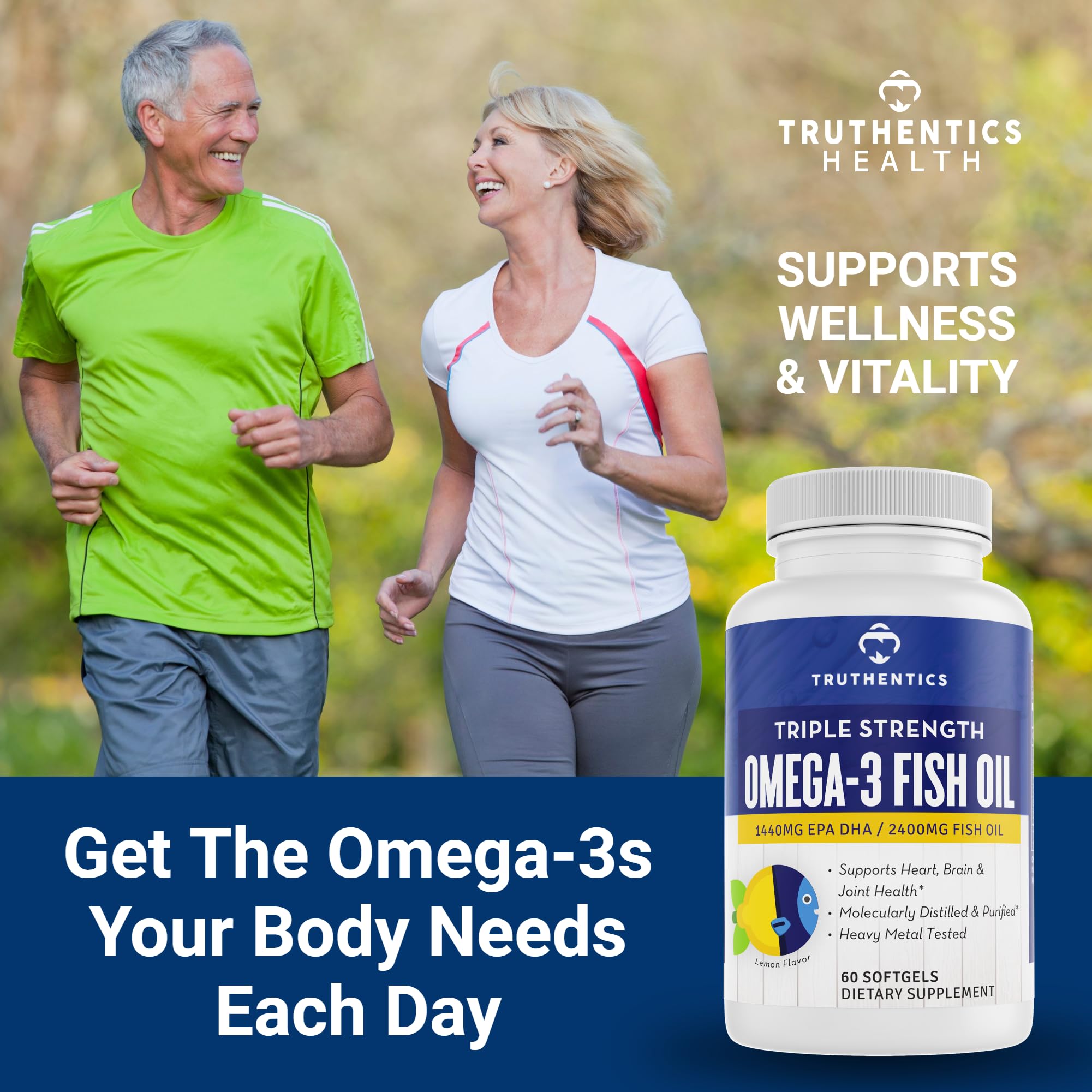 TRUTHENTICS Omega-3 non-GMO and gluten-free certification on packaging.