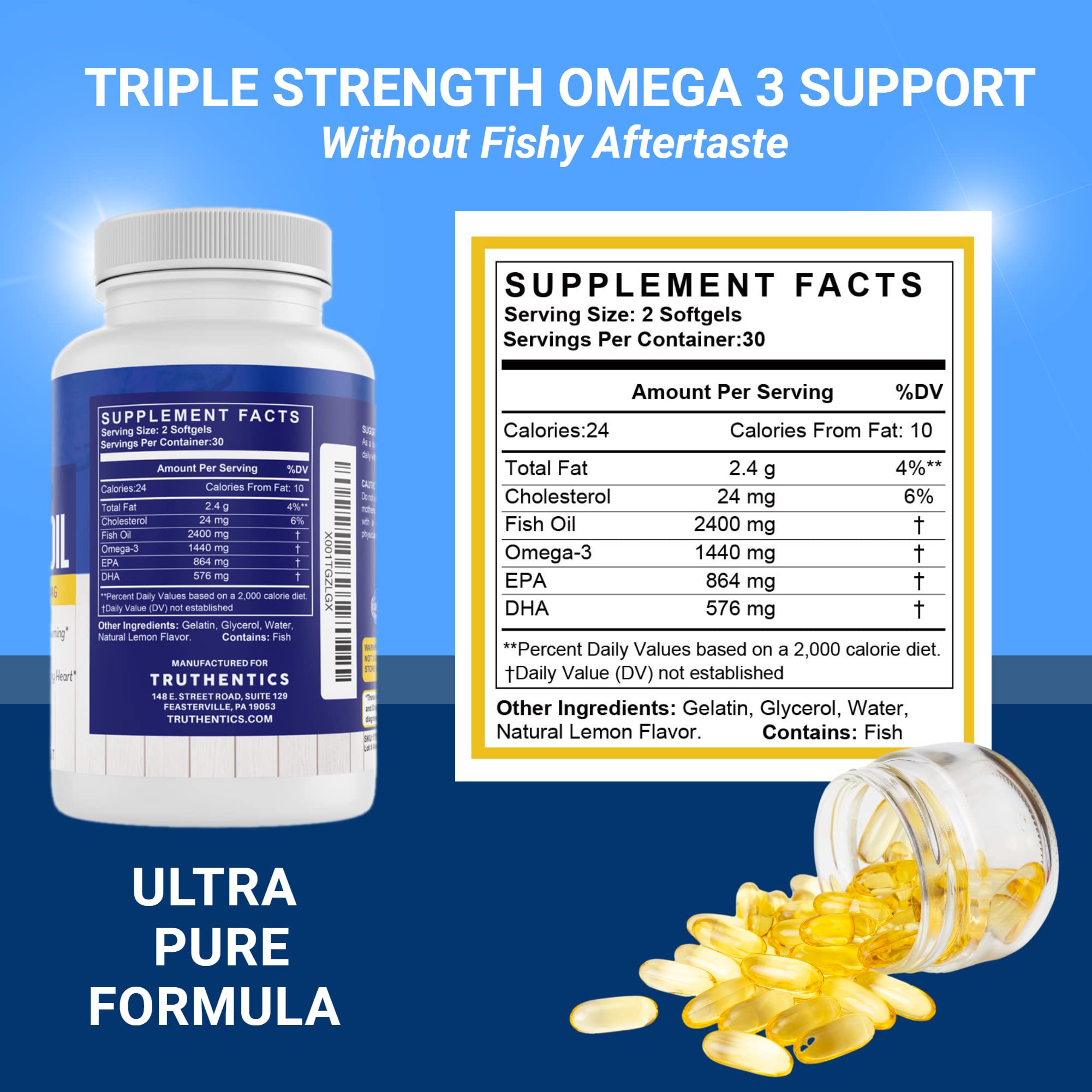 TRUTHENTICS Omega-3 pour-ready softgels in a glass.