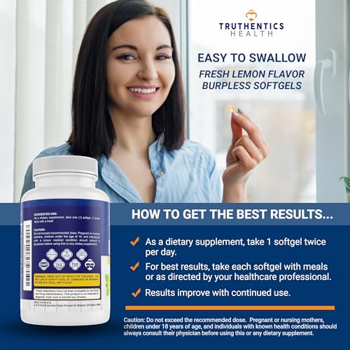 TRUTHENTICS Omega-3 softgels close-up showing lemon flavor for easy digestion.