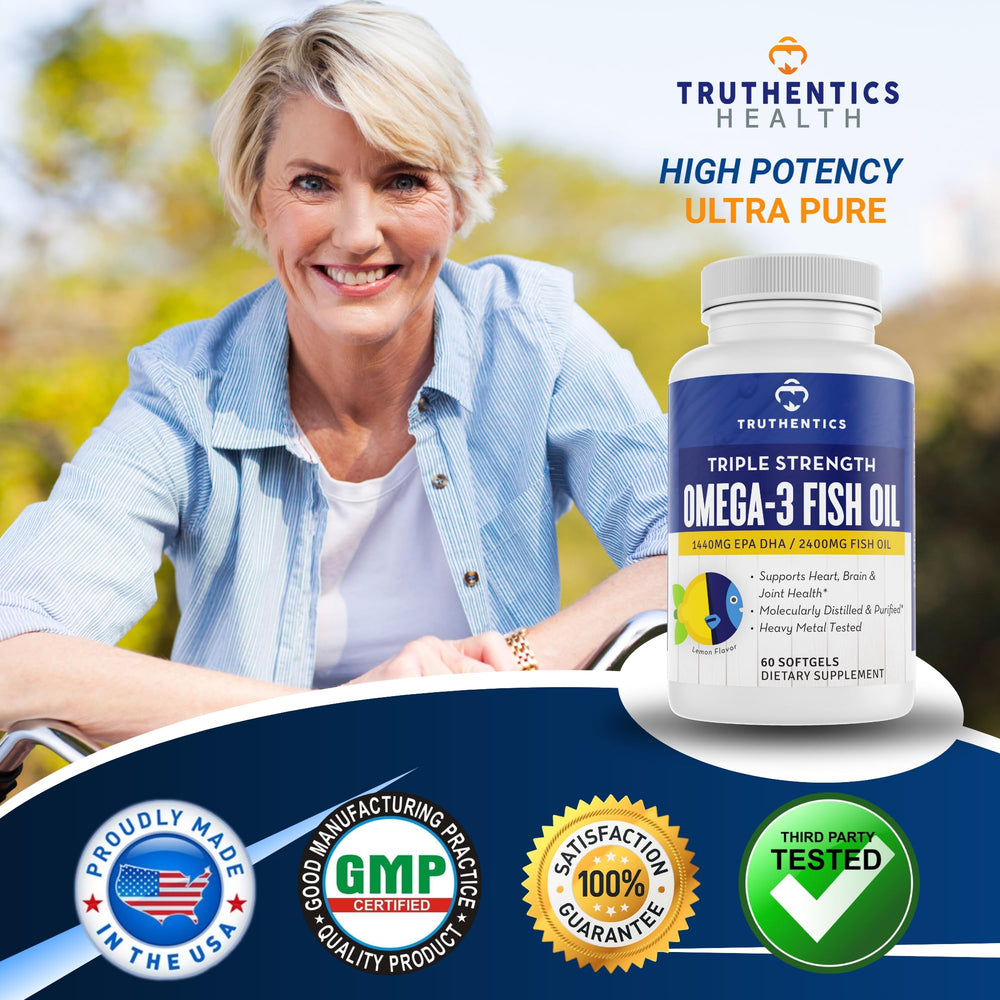 TRUTHENTICS Omega-3 third-party tested potency and purity seal.